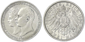 Reichssilbermünzen J. 19-178 - Mecklenburg-Schwerin - Friedrich Franz IV., 1897-1918
2 Mark 1904 A. Zur Hochzeit. vorzüglich Jaeger 86.