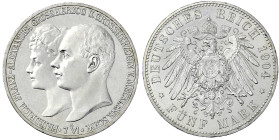 Reichssilbermünzen J. 19-178 - Mecklenburg-Schwerin - Friedrich Franz IV., 1897-1918
5 Mark 1904 A. Zur Hochzeit. fast Stempelglanz, min. Kratzer, so...