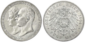 Reichssilbermünzen J. 19-178 - Mecklenburg-Schwerin - Friedrich Franz IV., 1897-1918
5 Mark 1904 A. Zur Hochzeit. vorzüglich/Stempelglanz, kl. Kratze...