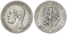 Reichssilbermünzen J. 19-178 - Mecklenburg-Strelitz - Friedrich Wilhelm, 1860-1904
2 Mark 1877 A. schön/sehr schön Jaeger 90.