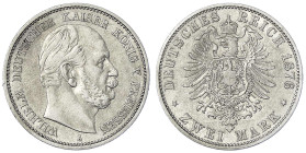 Reichssilbermünzen J. 19-178 - Preußen - Wilhelm I., 1861-1888
2 Mark 1876 A. fast vorzüglich, winz. Randfehler Jaeger 96.