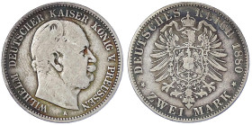 Reichssilbermünzen J. 19-178 - Preußen - Wilhelm I., 1861-1888
2 Mark 1880 A. Seltenes Jahr. schön/sehr schön, Patina Jaeger 96.