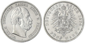 Reichssilbermünzen J. 19-178 - Preußen - Wilhelm I., 1861-1888
5 Mark 1874 A. gutes vorzüglich Jaeger 97.
