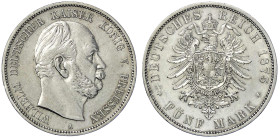Reichssilbermünzen J. 19-178 - Preußen - Wilhelm I., 1861-1888
5 Mark 1875 A. fast vorzüglich Jaeger 97.