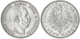 Reichssilbermünzen J. 19-178 - Preußen - Wilhelm I., 1861-1888
5 Mark 1876 C. prägefrisch/fast Stempelglanz, sehr selten in dieser Erhaltung Jaeger 9...