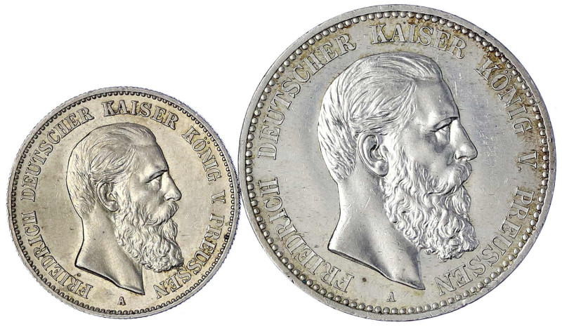 Reichssilbermünzen J. 19-178 - Preußen - Friedrich III., 1888
2 Stück: 2 und 5 ...