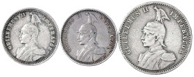 Kolonien und Nebengebiete - Deutsch Ostafrika - 
3 Silbermünzen: 1/4 Rupie 1901, 1910 J, 1/2 Rupie 1901. sehr schön