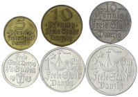 Kolonien und Nebengebiete - Danzig, Freie Stadt - 
6 Münzen: 10 Pfennig, 1/2, 1 und 2 Gulden 1923, 5 und 10 Pfennig 1932. alle vorzüglich und besser...