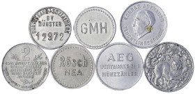 Notmünzen/Wertmarken, deutschsprachig - Zusammenstellungen/Lots - 
7 Alu-Marken, u.a. 2 Mark Thale 1921, AEG, Rösch, Bundesbahn Sozialwerk Münster, u...