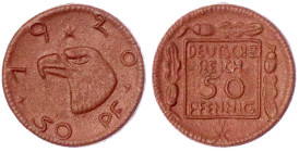 Notmünzen aus Porzellan (Länder,Städte,Firmen) - Staaten/- und Ländermünzen - Deutsches Reich
50 Pfennig 1920 Gipsform, braunes Böttgersteinzeug, ste...