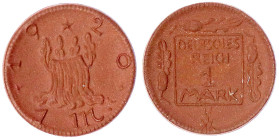Notmünzen aus Porzellan (Länder,Städte,Firmen) - Staaten/- und Ländermünzen - Deutsches Reich
1 Mark 1920 Gipsform, braunes Böttgersteinzeug, stehend...