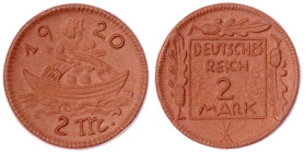 Notmünzen aus Porzellan (Länder,Städte,Firmen) - Staaten/- und Ländermünzen - Deutsches Reich
2 Mark 1920 Gipsform, braunes Böttgersteinzeug, stehend...