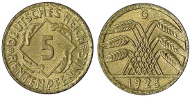 Weimarer Republik - Kursmünzen - 5 Rentenpfennig, messingfarben 1923-1925
1923 G. fast Stempelglanz, selten Jaeger 308.