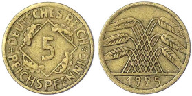 Weimarer Republik - Kursmünzen - 5 Reichspfennig, messingfarben 1924-1936
1925 ohne Mzz. sehr schön Jaeger 316.