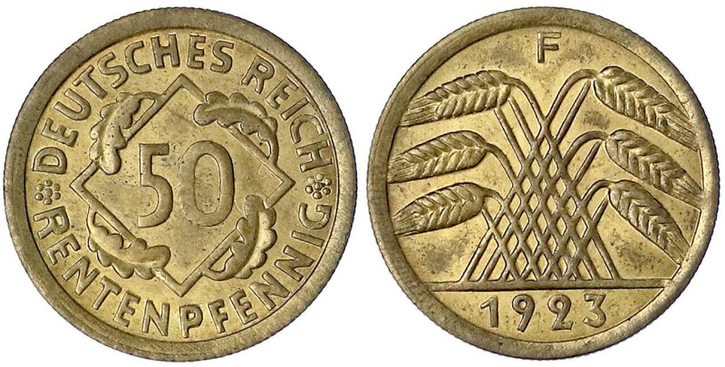 Weimarer Republik - Kursmünzen - 50 Rentenpfennig, messingfarben 1923-1924
1923...