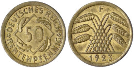Weimarer Republik - Kursmünzen - 50 Rentenpfennig, messingfarben 1923-1924
1923 F. vorzüglich/Stempelglanz, selten Jaeger 310.