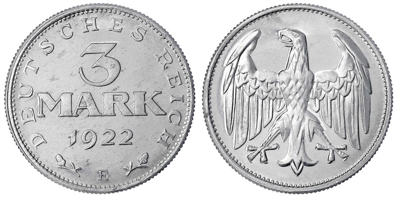 Weimarer Republik - Kursmünzen - 3 Mark, Aluminium 1922
1922 E. Polierte Platte...