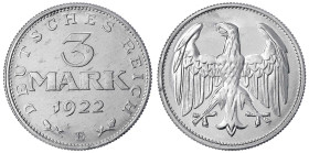 Weimarer Republik - Kursmünzen - 3 Mark, Aluminium 1922
1922 E. Polierte Platte, nur min. berührt, sehr selten Auktion 16 Müller Solingen, 1976 Jaege...