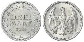 Weimarer Republik - Kursmünzen - 3 Mark, Silber 1924-1925
1924 A. prägefrisch, prägebed. Randunebenheiten Jaeger 312.