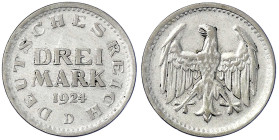 Weimarer Republik - Kursmünzen - 3 Mark, Silber 1924-1925
1924 D. fast vorzüglich Jaeger 312.