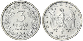Weimarer Republik - Kursmünzen - 3 Reichsmark, Silber 1931-1933
1931 A. prägefrisch, min. Schrötlingsfehler am Rand Jaeger 349.