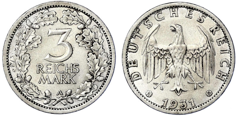 Weimarer Republik - Kursmünzen - 3 Reichsmark, Silber 1931-1933
1931 A. vorzügl...