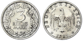 Weimarer Republik - Kursmünzen - 3 Reichsmark, Silber 1931-1933
1931 A. vorzüglich/Stempelglanz Jaeger 349.