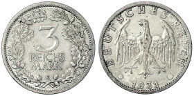 Weimarer Republik - Kursmünzen - 3 Reichsmark, Silber 1931-1933
1931 E. vorzüglich Jaeger 349.