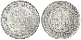 Weimarer Republik - Kursmünzen - 5 Reichsmark Eichbaum Silber 1927-1933
1927 A. fast Stempelglanz, Prachtexemplar Jaeger 331.