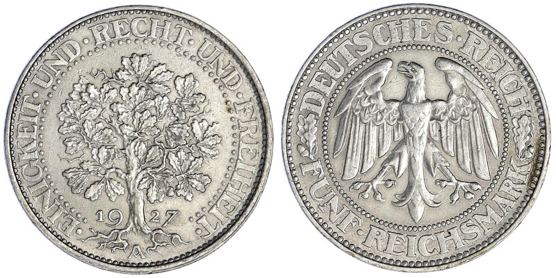 Weimarer Republik - Kursmünzen - 5 Reichsmark Eichbaum Silber 1927-1933
1927 A....