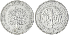Weimarer Republik - Kursmünzen - 5 Reichsmark Eichbaum Silber 1927-1933
1927 E. sehr schön Jaeger 331.