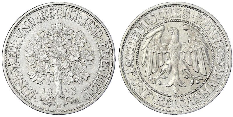 Weimarer Republik - Kursmünzen - 5 Reichsmark Eichbaum Silber 1927-1933
1928 E....