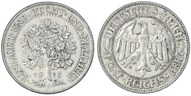 Weimarer Republik - Kursmünzen - 5 Reichsmark Eichbaum Silber 1927-1933
1928 F....