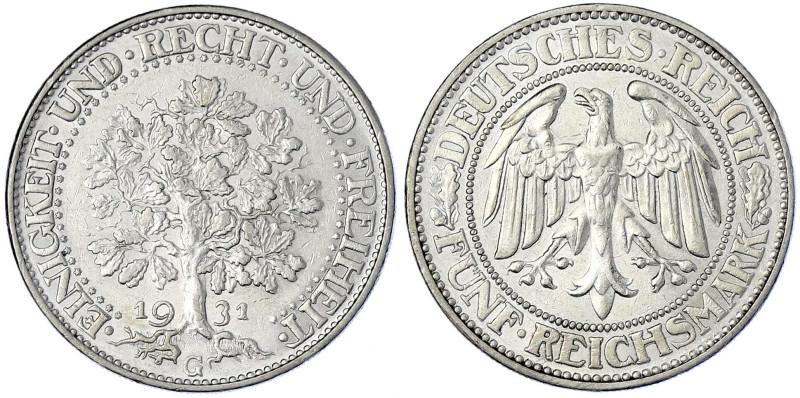 Weimarer Republik - Kursmünzen - 5 Reichsmark Eichbaum Silber 1927-1933
1931 G....