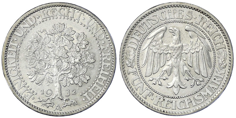 Weimarer Republik - Kursmünzen - 5 Reichsmark Eichbaum Silber 1927-1933
1932 A ...