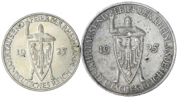 Weimarer Republik - Gedenkmünzen - 5 Reichsmark Rheinlande
2 Stück: 3 Mark 1925 D und 5 Mark 1925 A. vorzüglich und sehr schön, Randfehler Jaeger 321...