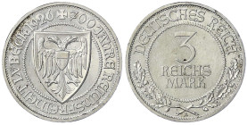 Weimarer Republik - Gedenkmünzen - 3 Reichsmark Lübeck
1926 A. Polierte Platte, kl. Kratzer und min. berieben Jaeger 323.