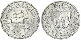 Weimarer Republik - Gedenkmünzen - 3 Reichsmark Bremerhaven
1927 A. Stempelglanz, Prachtexemplar Jaeger 325.