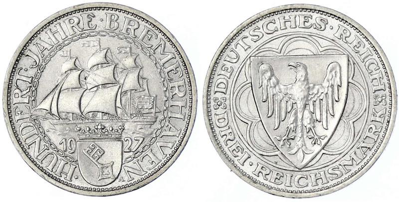 Weimarer Republik - Gedenkmünzen - 3 Reichsmark Bremerhaven
1927 A. vorzüglich/...