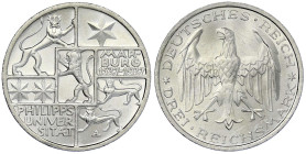 Weimarer Republik - Gedenkmünzen - 3 Reichsmark Marburg
1927 A. fast Stempelglanz, min. Kratzer, Prachtexemplar Jaeger 330.