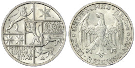 Weimarer Republik - Gedenkmünzen - 3 Reichsmark Marburg
1927 A. prägefrisch/fast Stempelglanz, kl. Randfehler Jaeger 330.