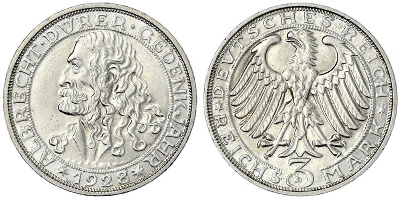 Weimarer Republik - Gedenkmünzen - 3 Reichsmark Dürer
1928 D. fast Stempelglanz...