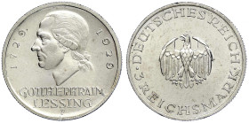 Weimarer Republik - Gedenkmünzen - 3 Reichsmark Lessing
1929 F. vorzüglich/Stempelglanz aus Erstabschlag, winz. Kratzer Jaeger 335.