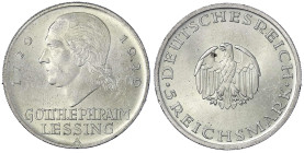Weimarer Republik - Gedenkmünzen - 5 Reichsmark Lessing
1929 A. fast Stempelglanz, kl. Randfehler Jaeger 336.