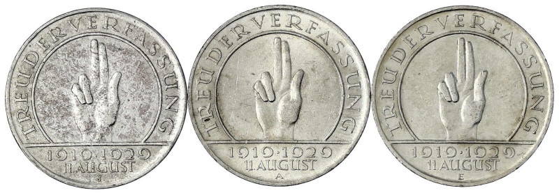 Weimarer Republik - Gedenkmünzen - 3 Reichsmark Schwurhand
3 Stück: 1929 A, E u...