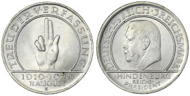 Weimarer Republik - Gedenkmünzen - 3 Reichsmark Schwurhand
1929 E. fast Stempelglanz, min. Kratzer, sonst Prachtexemplar Jaeger 340.