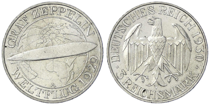 Weimarer Republik - Gedenkmünzen - 3 Reichsmark Zeppelin
1930 A. gutes vorzügli...