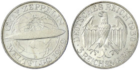Weimarer Republik - Gedenkmünzen - 3 Reichsmark Zeppelin
1930 D. fast Stempelglanz Jaeger 342.