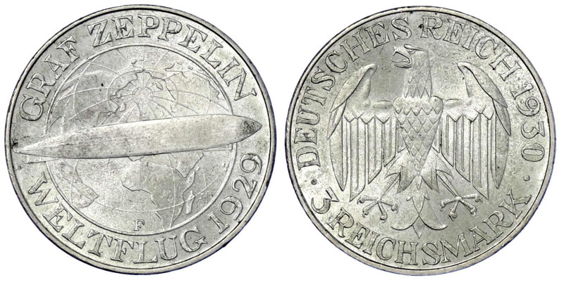 Weimarer Republik - Gedenkmünzen - 3 Reichsmark Zeppelin
1930 F. vorzüglich/Ste...