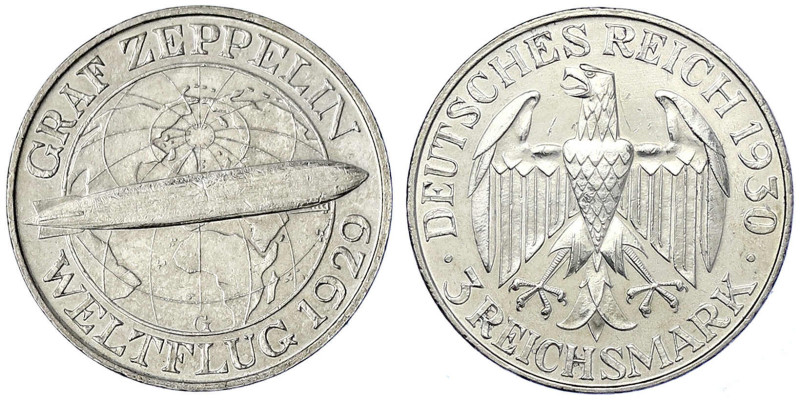 Weimarer Republik - Gedenkmünzen - 3 Reichsmark Zeppelin
1930 G. vorzüglich, et...